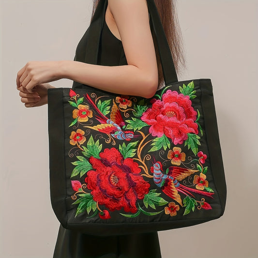 Dames Etnisk Brodert Tote Bag Blomster- Og Fuglemønster