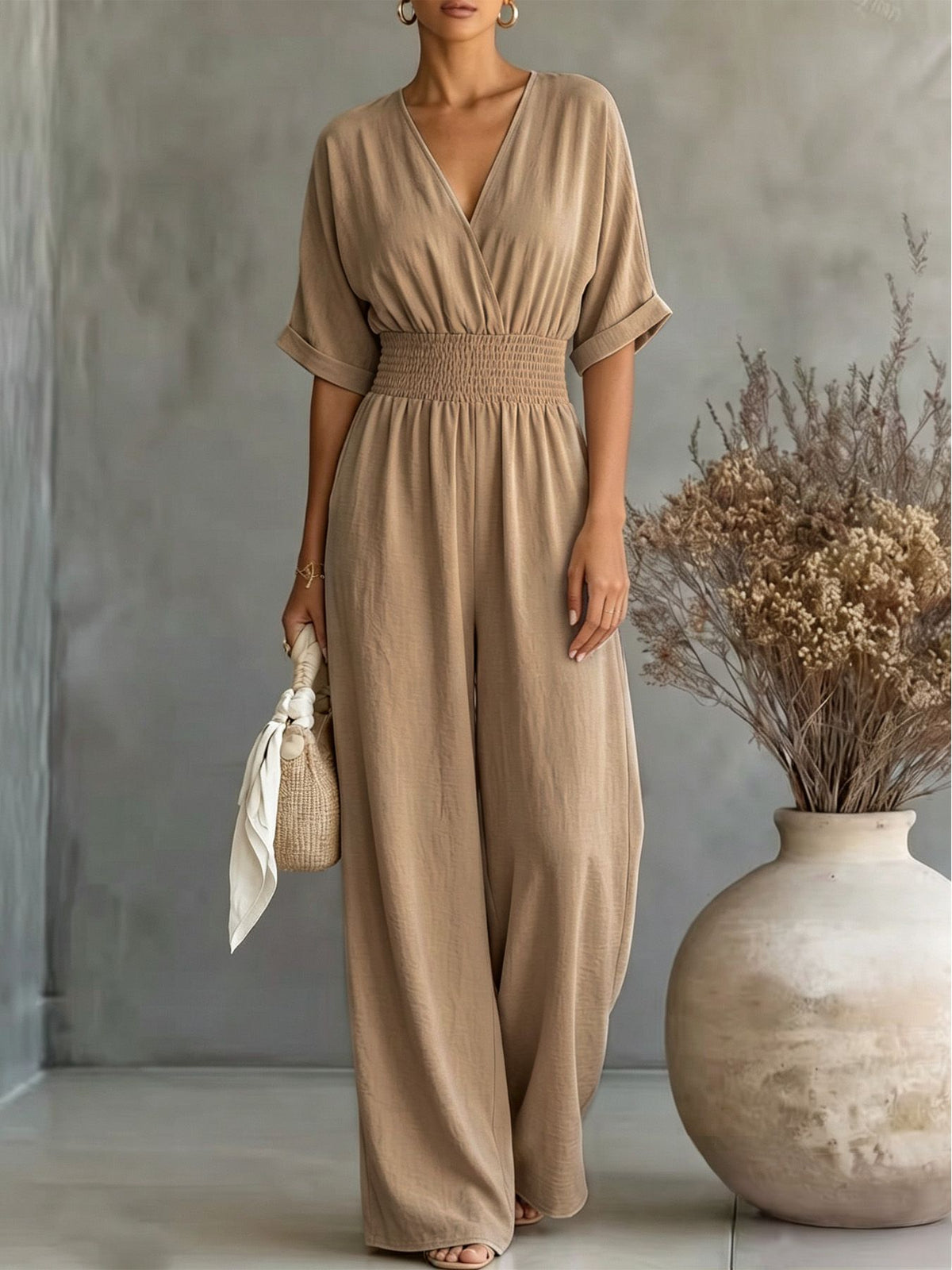 Dame V-Hals Jumpsuit Med Vide Ben Og Høy Midje