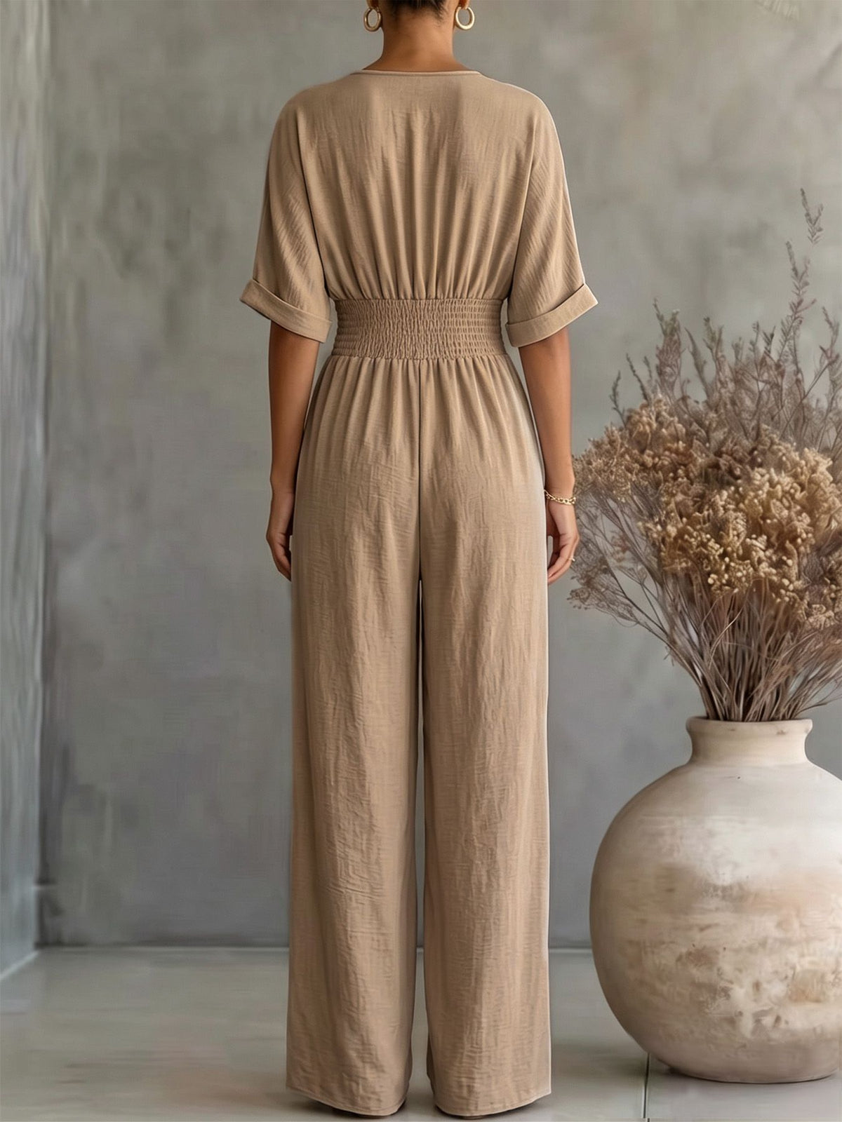Dame V-Hals Jumpsuit Med Vide Ben Og Høy Midje