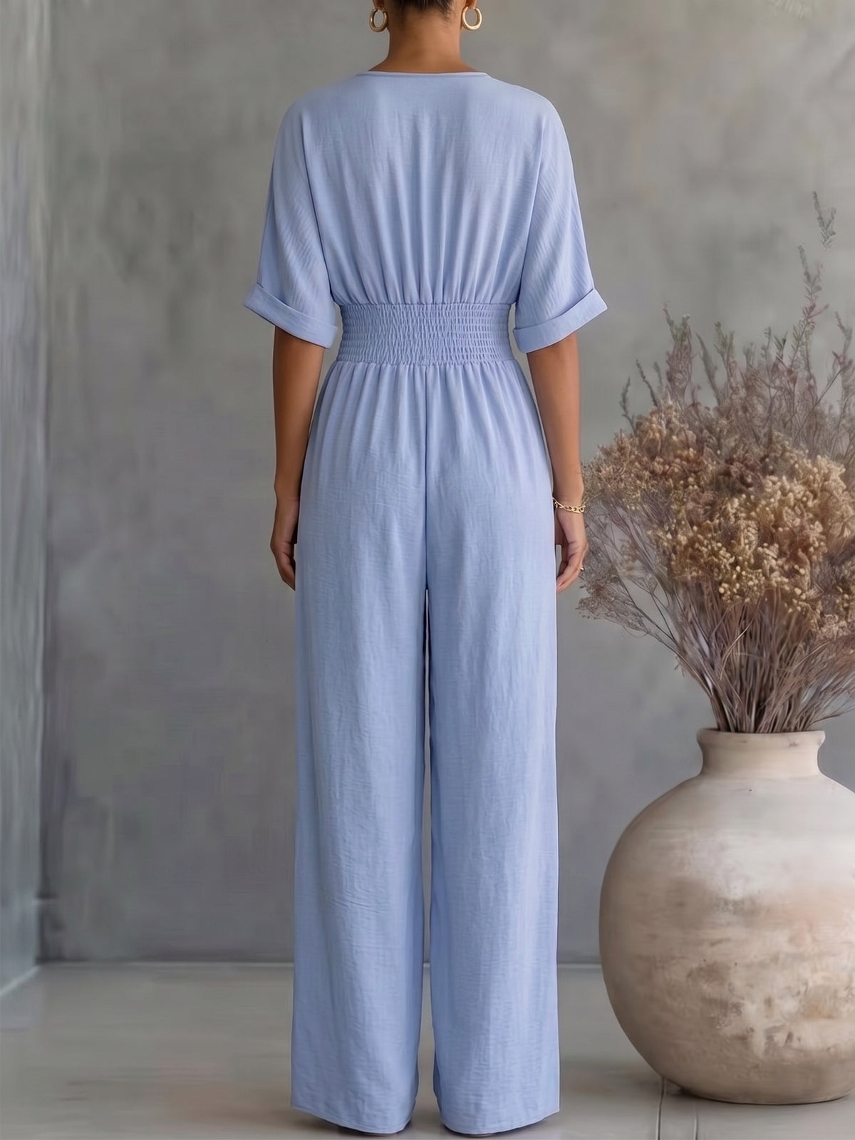 Dame V-Hals Jumpsuit Med Vide Ben Og Høy Midje