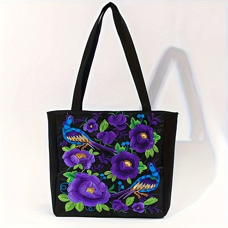 Dames Etnisk Brodert Tote Bag Blomster- Og Fuglemønster
