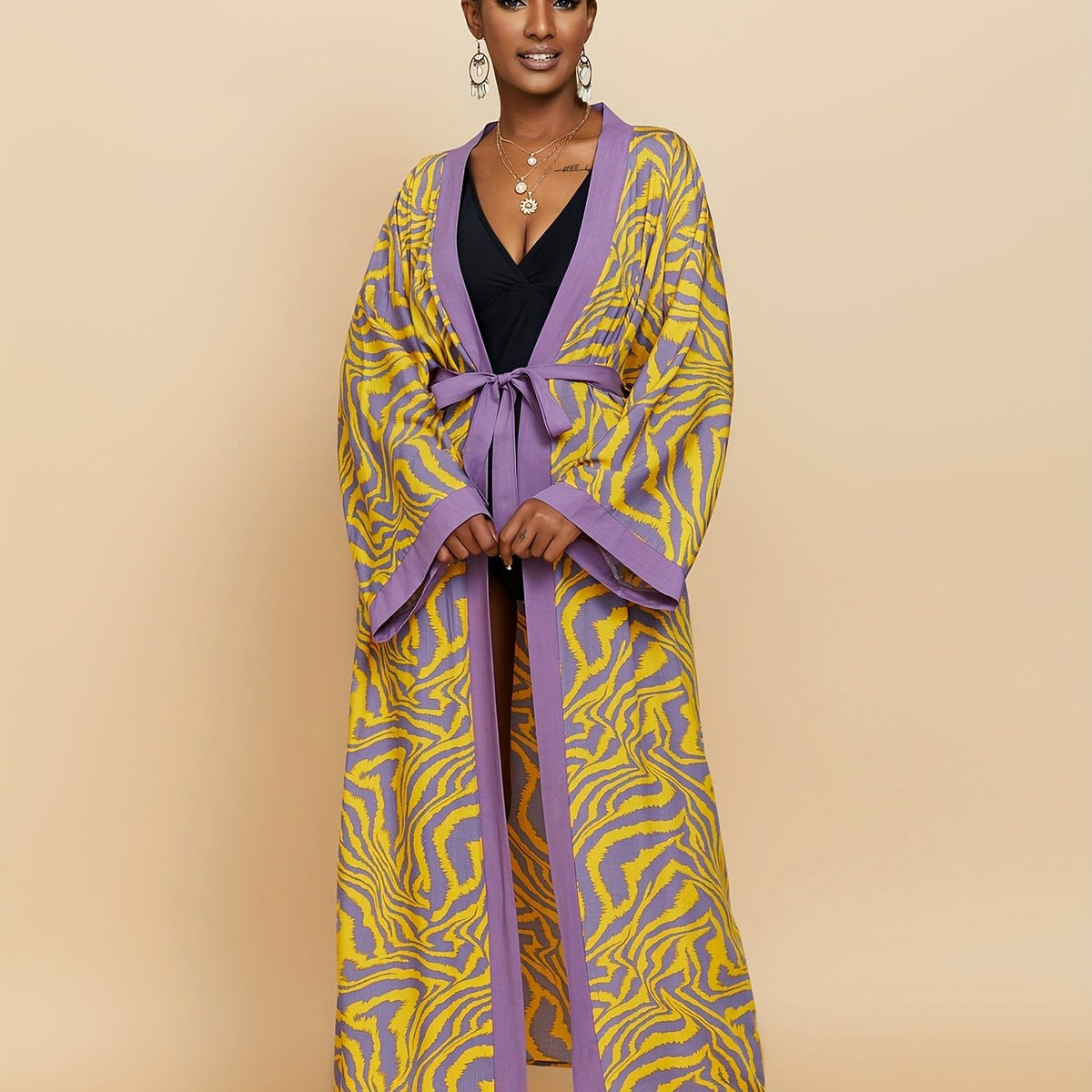 Uformell Kimono Med Trykk Åpen Cardigan Lang
