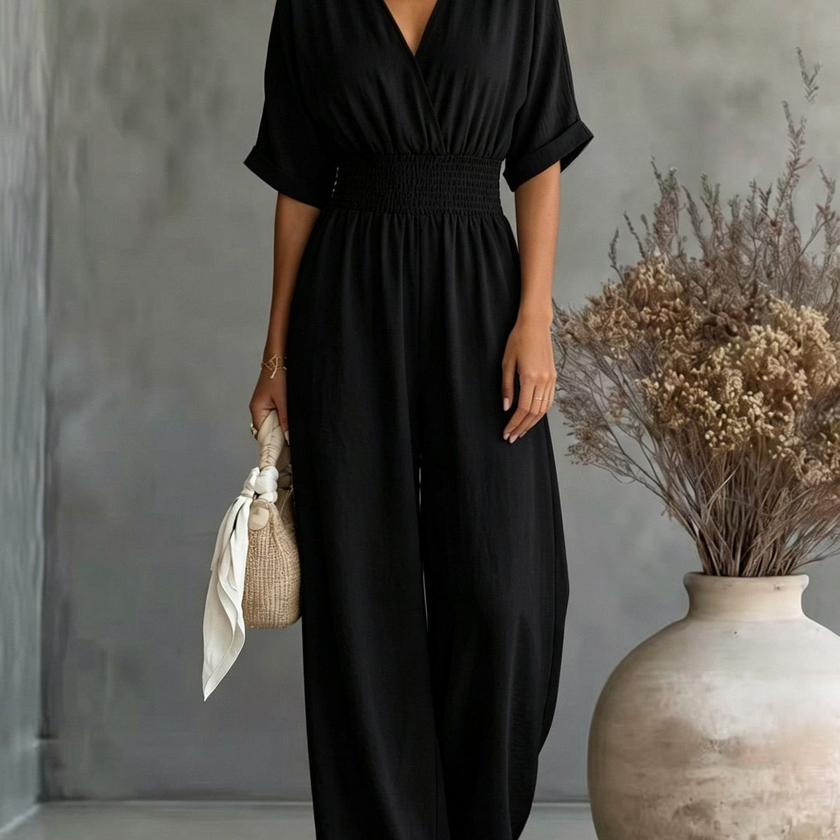 Dame V-Hals Jumpsuit Med Vide Ben Og Høy Midje