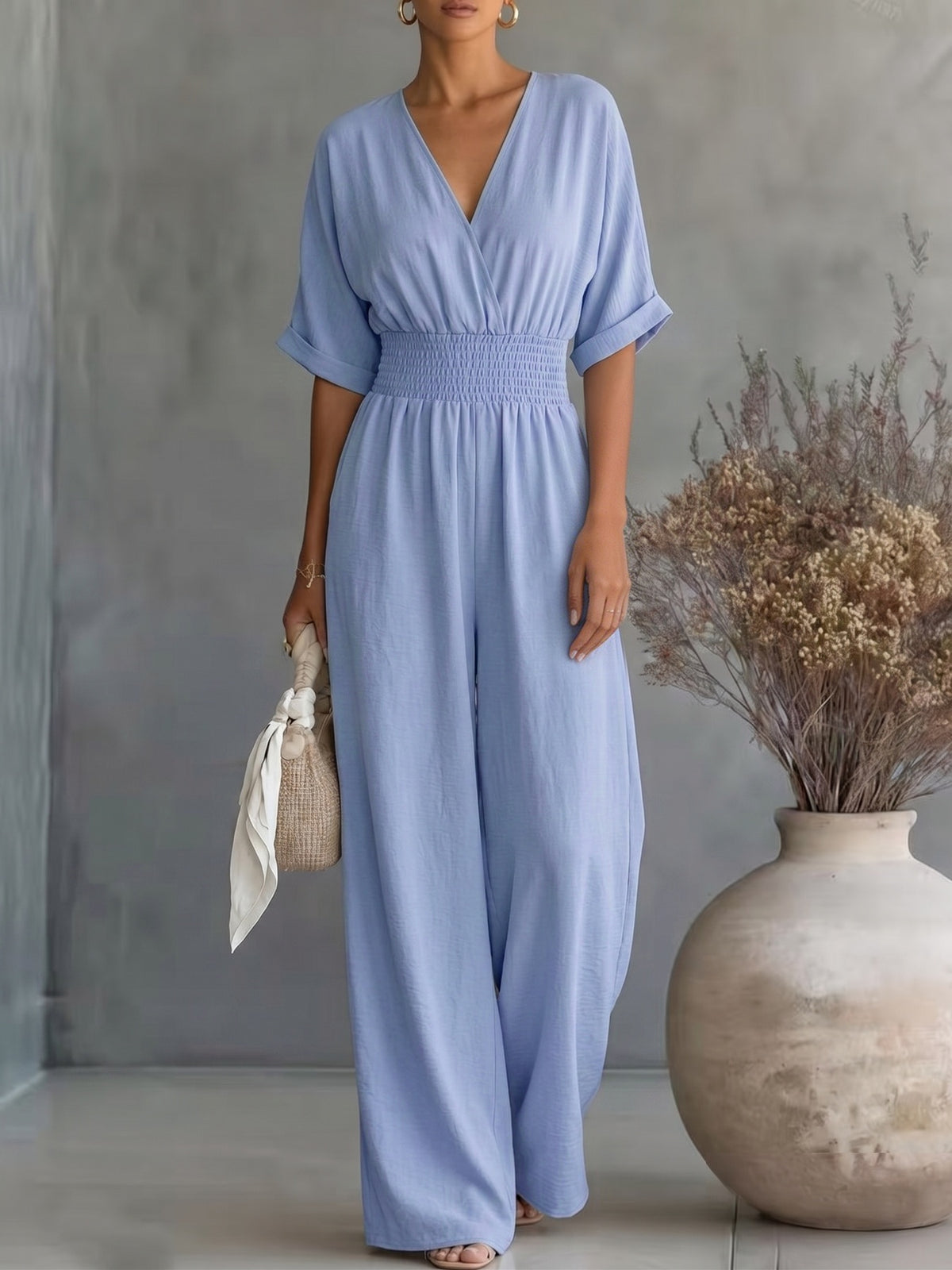 Dame V-Hals Jumpsuit Med Vide Ben Og Høy Midje