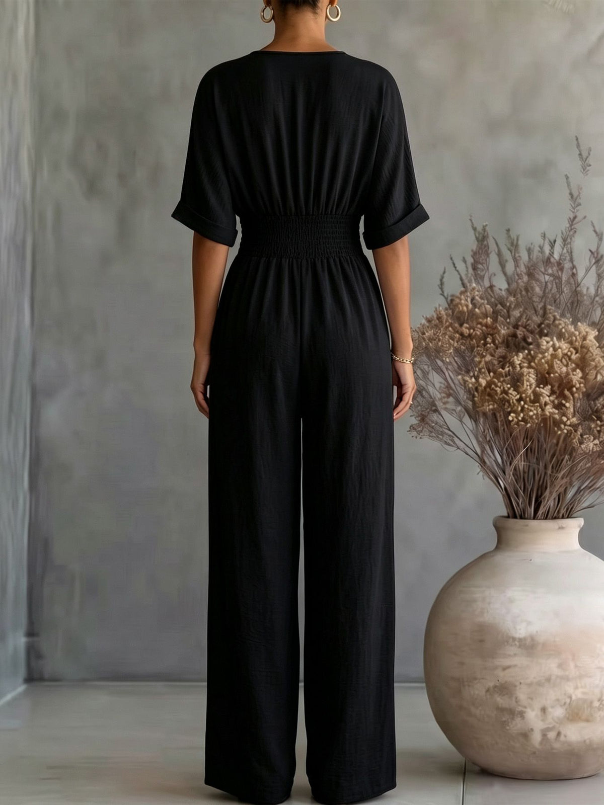 Dame V-Hals Jumpsuit Med Vide Ben Og Høy Midje