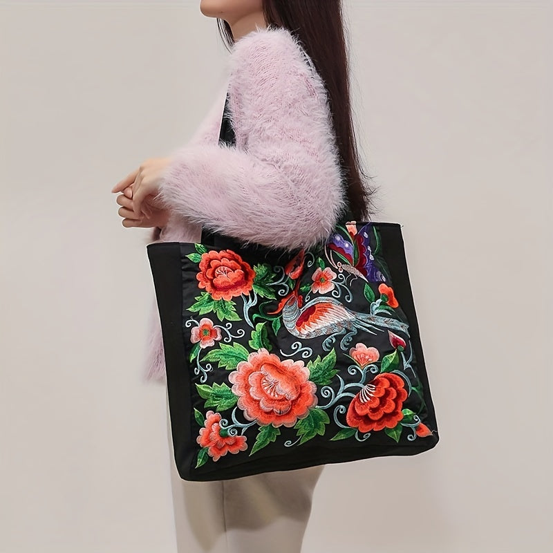Dames Etnisk Brodert Tote Bag Blomster- Og Fuglemønster