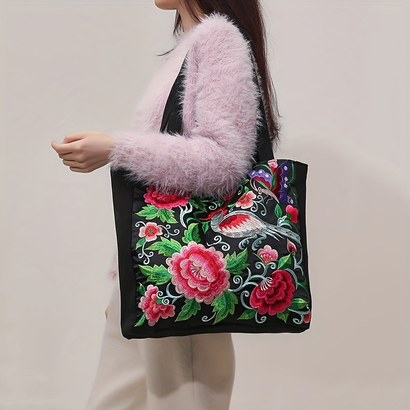 Dames Etnisk Brodert Tote Bag Blomster- Og Fuglemønster