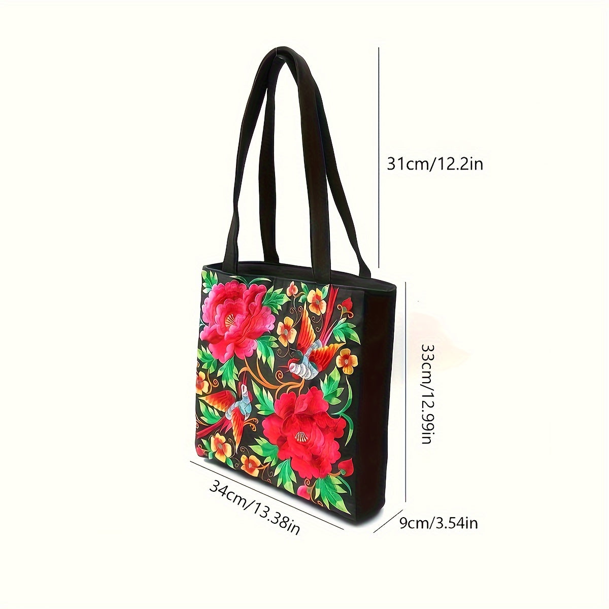 Dames Etnisk Brodert Tote Bag Blomster- Og Fuglemønster