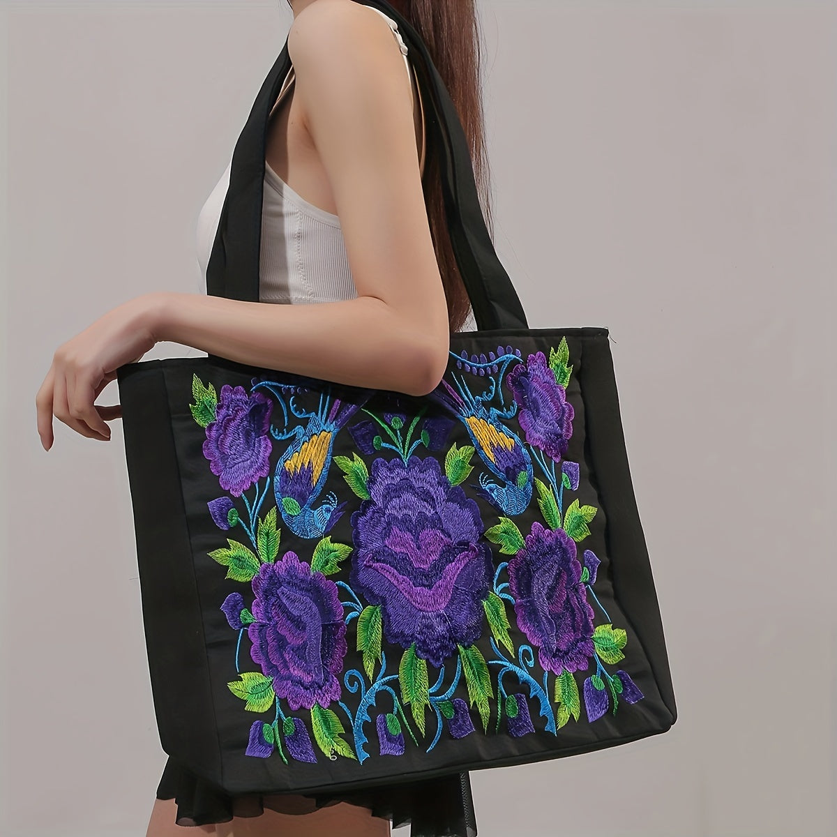 Dames Etnisk Brodert Tote Bag Blomster- Og Fuglemønster