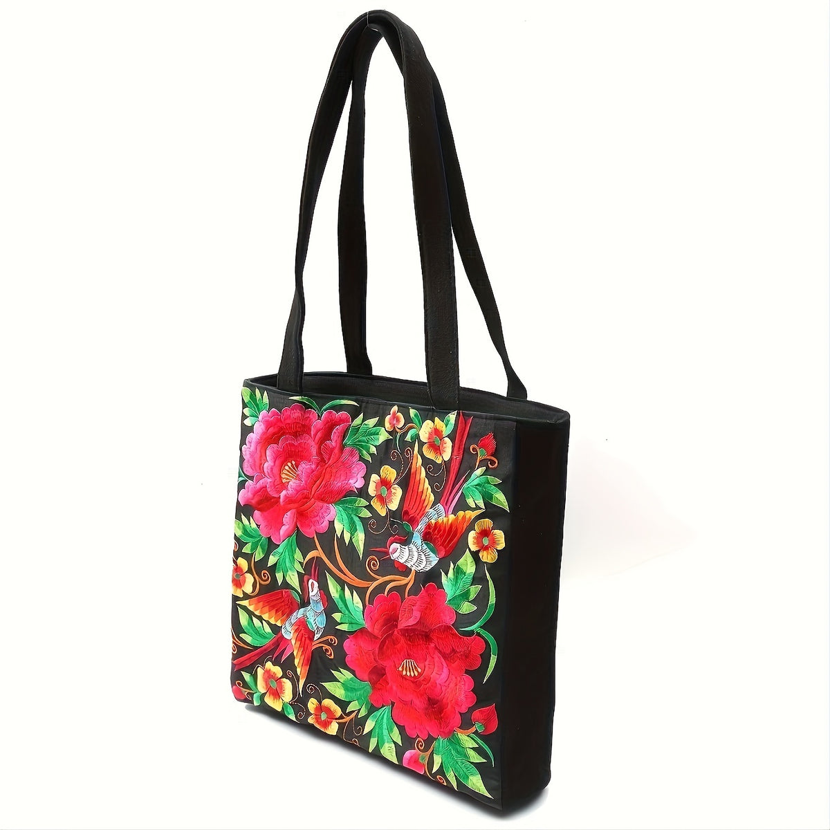 Dames Etnisk Brodert Tote Bag Blomster- Og Fuglemønster