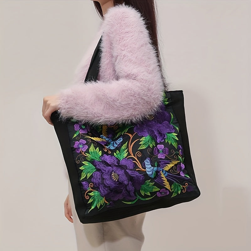 Dames Etnisk Brodert Tote Bag Blomster- Og Fuglemønster