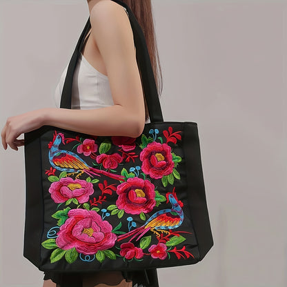 Dames Etnisk Brodert Tote Bag Blomster- Og Fuglemønster