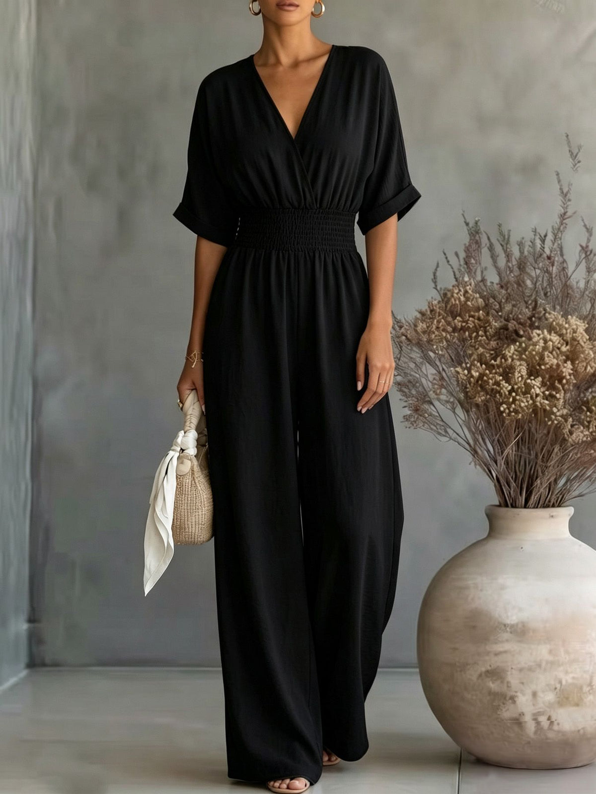 Dame V-Hals Jumpsuit Med Vide Ben Og Høy Midje