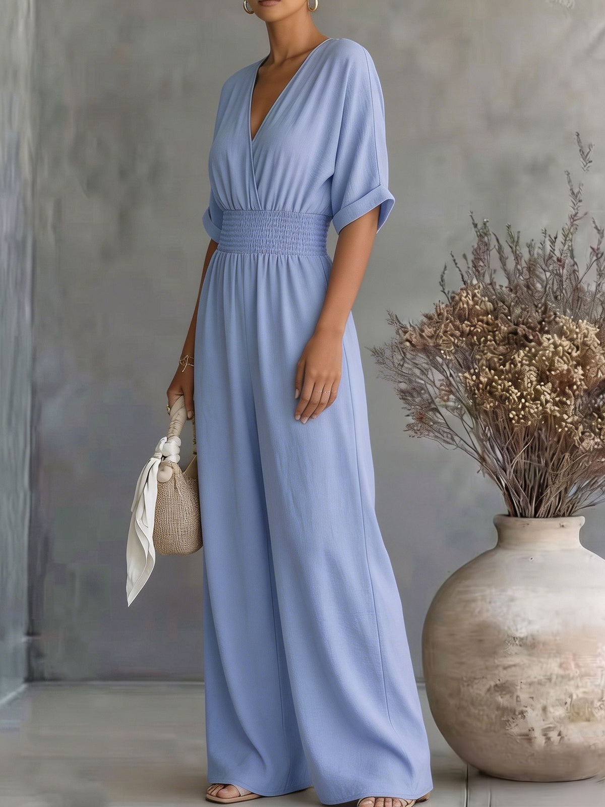 Dame V-Hals Jumpsuit Med Vide Ben Og Høy Midje