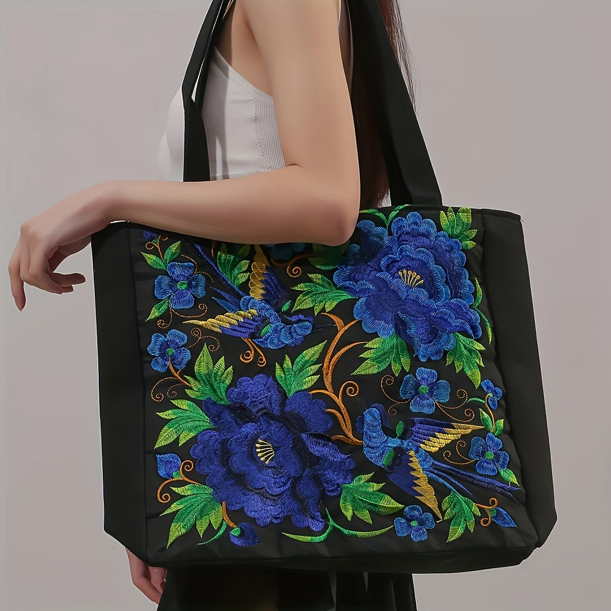 Dames Etnisk Brodert Tote Bag Blomster- Og Fuglemønster
