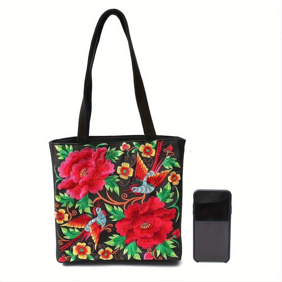 Dames Etnisk Brodert Tote Bag Blomster- Og Fuglemønster